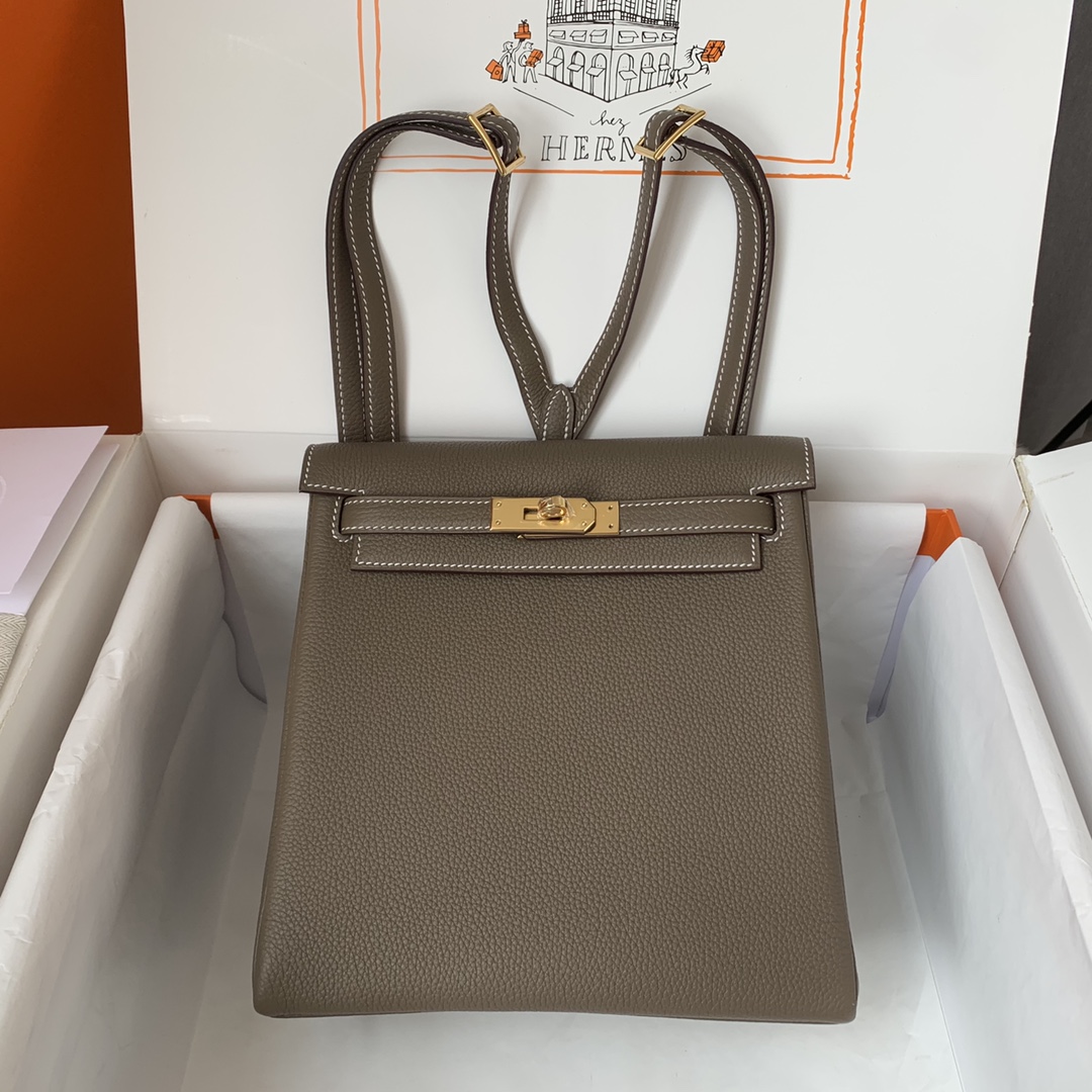 Hermes Kelly Ado Backpack In Gris Elephart Clemence Leather